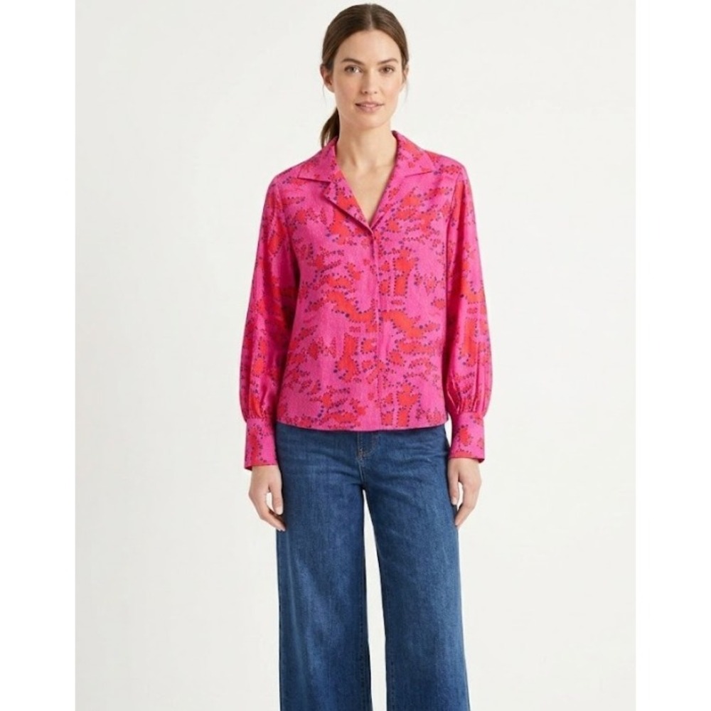NIC+ZOE Blouse Medium Pink Red Abstract Print Notched Collar Ultra Soft Preppy